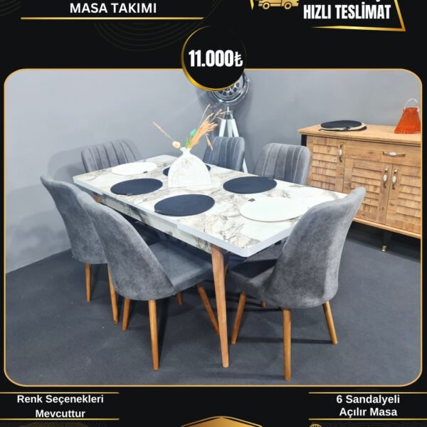 BERRAK 6 KİŞİLİK GRANİT DESEN AÇILIR MASA TAKIMI