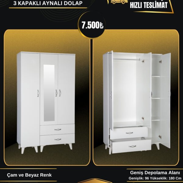 SİTİL WHITE 3 KAPAKLI AYNALI DOLAP