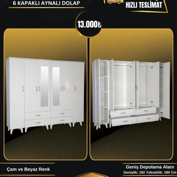 SİTİL WHITE 6 KAPAKLI AYNALI DOLAP