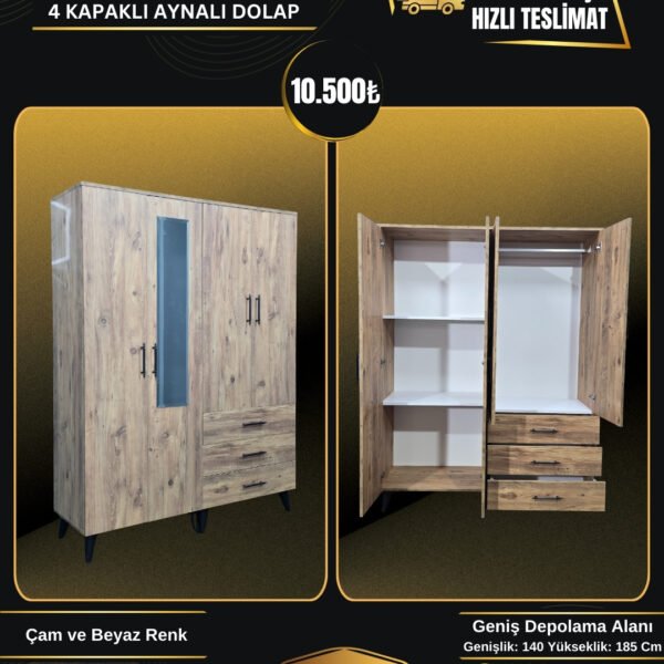 RİTA 4 KAPAKLI AYNALI ÇAM DOLAP